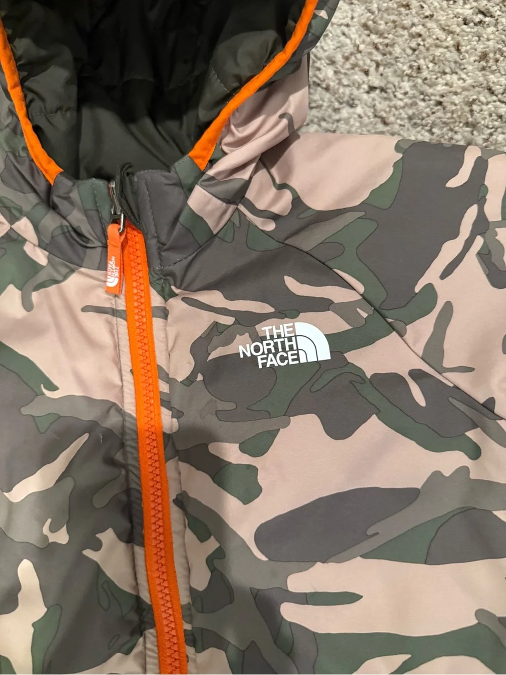 The North Face Kids Camouflage Puffer Jacket with Orange Trim
